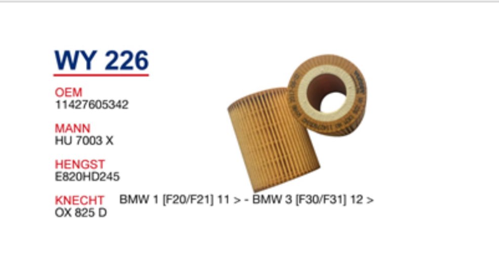 WY 226 BMW 1 [F20/F21] 11 > - BMW 3 [F30/F31] 12 > 11427605342 Yağ فلترsi