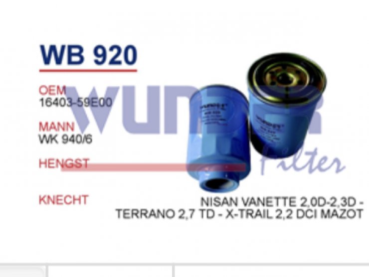 WB 920 NİSSAN VANETTE 2,0D-2,3D - TERRANO 2,7 TD - X-TRAİL 2,2 DCI 16403-59E00 Yakıt/Mazot Filtresi