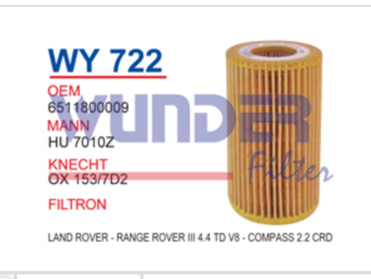 WY 722 LAND ROVER -RANGE ROVER III4,4 TD V8 - COMPASS 2,2 CRD 651 1800 009 Yağ Filtresi
