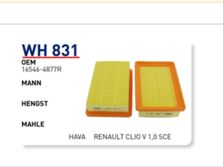 WH 831 165464877R RENAULT CLIOV 1.0 TCE 90/DACIA DUSTER III 1.2 TCE 130/NISSAN JUKE (2019-) HAVA FİLTRESİ