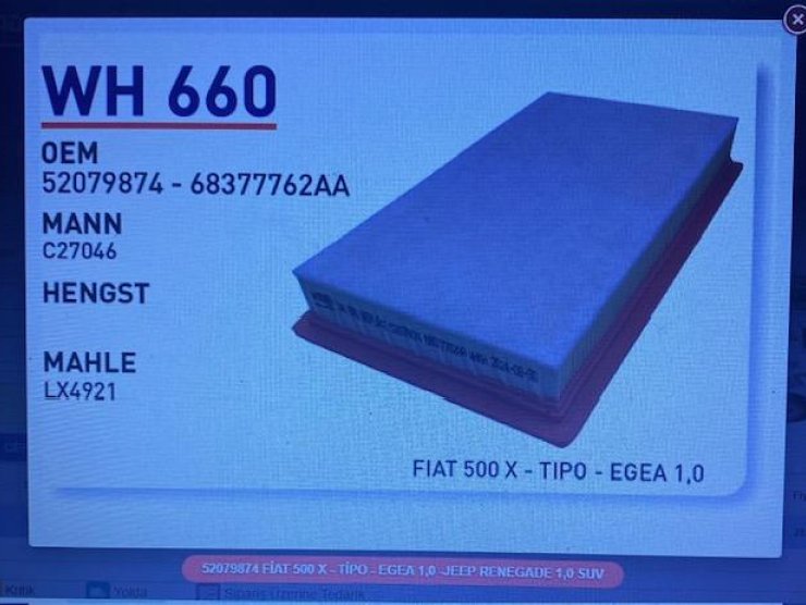 WH 660 52079874 FİAT 500 X - TİPO - EGEA 1.0 -JEEP RENEGADE 1.0 SUV HAVA FİLTRESİ