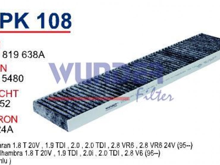 WPK 108 VOLKSWAGEN SHARAN 1.8T-1.9TDI-2.0  (KARBONLU) 7M0 819 638 A Polen Filtresi
