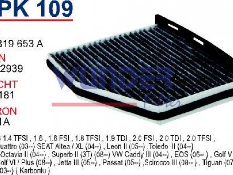 WPK 109 VW GOLF V-CADDY-PASSAT-JETTA (KARBONLU) 1K1 819 653 A Polen Filtresi