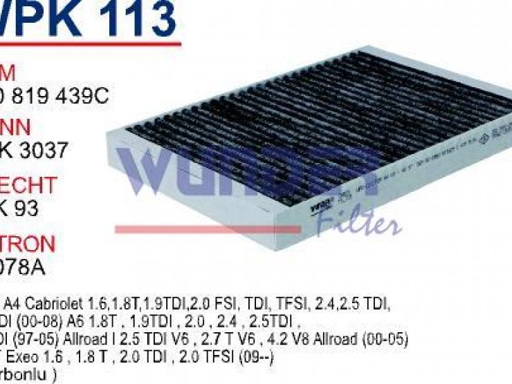 WPK 113 AUDi A4 00-     A6  97- (KARBONLU) 4B0 819 439 C Polen Filtresi