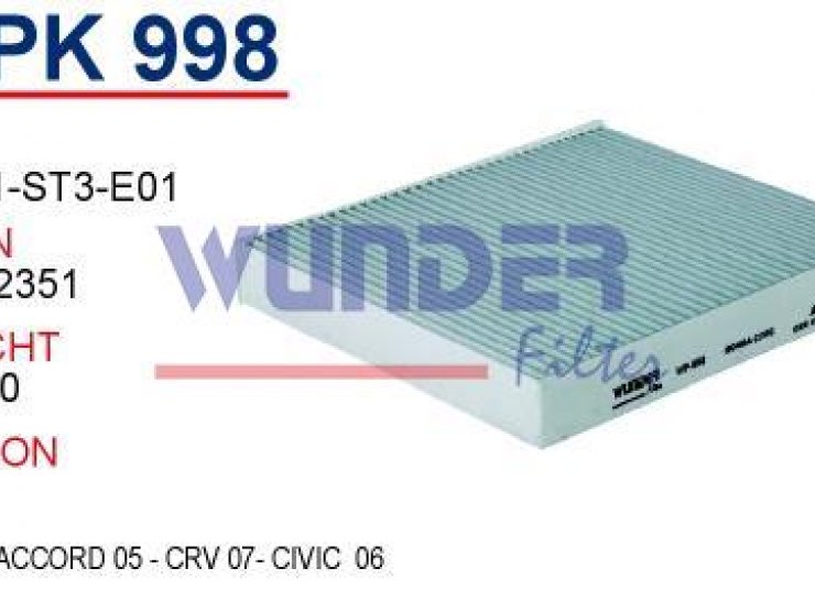 WPK 998 HONDA CiViC VI - CRV  VI KARE E.MODEL  80291-ST3-515 HEC Polen Filtresi