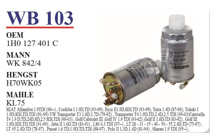 WB 103 VOLKSWAGEN TRANSPORTER T4 2.4-2.5 MOTOR- CADDY E.M 1H0 127 401 C Yakıt/Mazot Filtresi