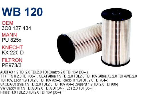 WB 120 VOLKSWAGEN CADDY Y.M - PASSAT Y.M 08- 3C0 127 434 Yakıt/Mazot Filtresi