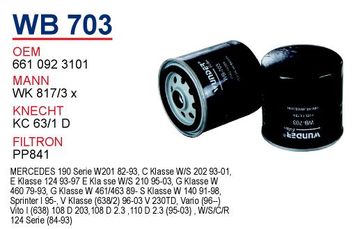 WB 703 MERCEDES 124 KASA ViTO-SPRiNTER E.M                            601 MOTOR 661 092 3101 Yakıt/Mazot Filtresi