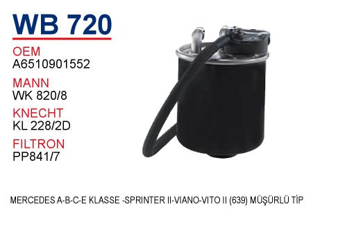 WB 720 MERCEDES SPRINTER II-VİANO-VİTO II (639) MÜŞÜRLÜ TİP A6510901552 Yakıt/Mazot Filtresi