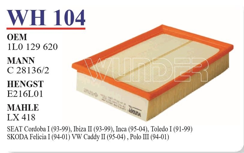 WH 104 VOLKSWAGEN POLO CLASSiC-CADDY-SEAT iBiZA 1L0 129 620 Hava Filtresi