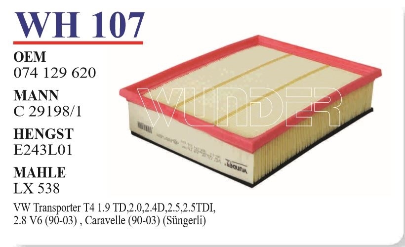 WH 107 VOLKSWAGEN TRANSPORTER T4 (SÜNGERLi) 074 129 620 Hava Filtresi