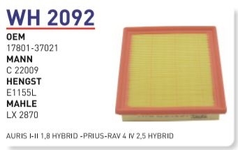 WH 2092 AURIS I-II 1,8 HYBRİD -PRİUS-RAV 4 IV 2,5 HYBRİD 17801-37021 Hava Filtresi