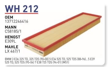 WH 212 BMW E36 325Td - E34 525 Td - E39 525Td                           M51 13712246416 Hava Filtresi