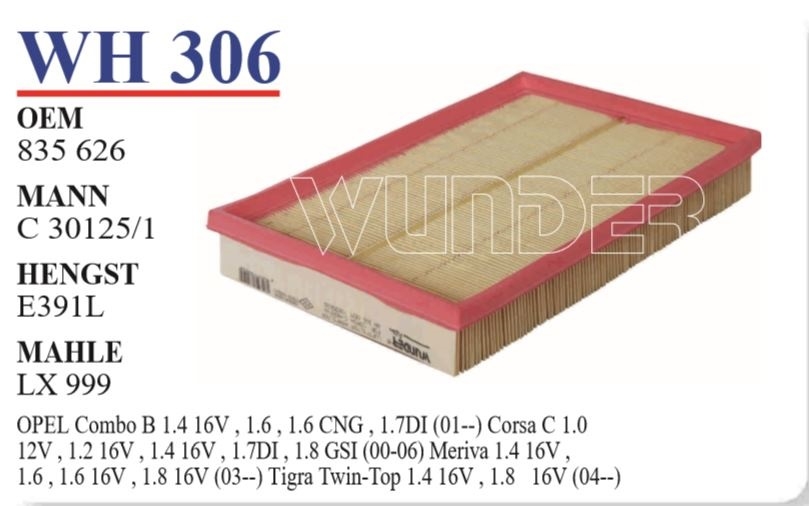 WH 306 OPEL CORSA C - MERiVA 835 626 Hava Filtresi