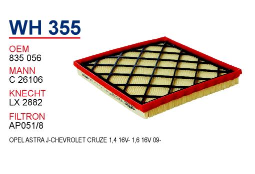 WH 355 OPEL ASTRA J-CHEVROLET CRUZE 1,4 16V- 1,6 16V 09- 835 056 Hava Filtresi