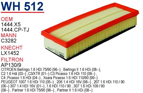 WH 512 PEUGEOT 207 - 307 - 308 - PARTNER 1.6 HDI DW10ATED 1444.CP-TJ Hava Filtresi