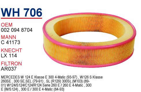 WH 706 MERCEDES 124 KASA E300 - 260 E - 126 KASA 300 SEL 002 094 8704 Hava Filtresi