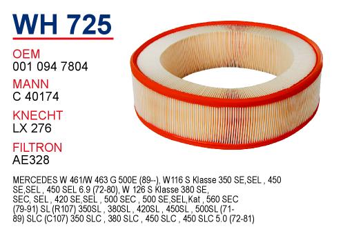 WH 725  MERCEDES 124-126-140 KASA 320-350-380-420-450-500 SE-SEL 117 MOTOR 001 094 7804 Hava Filtresi