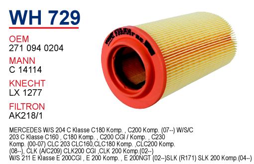WH 729  MERCEDES 201 - 203 KASA  C200 KOMP. - E200 KOMP. 271 094 0204 Hava Filtresi