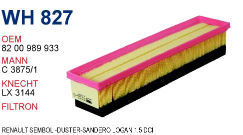 WH 827 RENAULT SEMBOL -DUSTER-SANDERO HAVA 82 00 989 933 Hava Filtresi