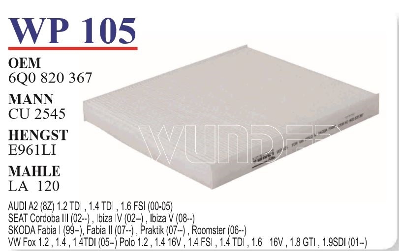 WP 105 VOLKSWAGEN POLO IV - SEAT  Y.M 6Q0 820 367 Polen Filtresi