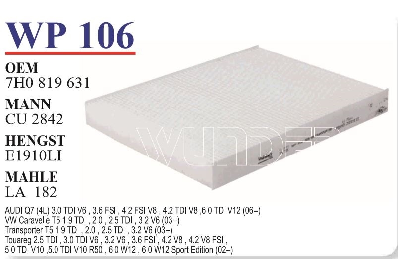 WP 106 VOLKSWAGEN TRANSPORTER T5 - TOUAREG 7H0 819 631 Polen Filtresi