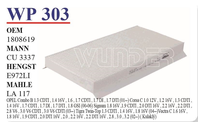 WP 303 OPEL CORSA C - VECTRA C 1808619 Polen Filtresi