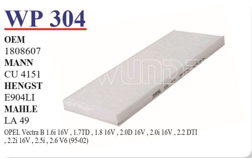 WP 304 OPEL VECTRA B 1.6i-1.7TD-1.8i-2.6 V6-98  18 08 607 Polen Filtresi