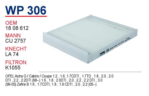 WP 306 OPEL ZAFiRA - ASTRA G KLiMASIZ  18 08 612 Polen Filtresi