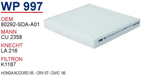 WP 997 HONDA ACCORD 05 - CRV 07- CiViC  06 80292-SDC-505HE Polen Filtresi