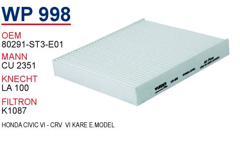 WP 998 HONDA CiViC VI - CRV  VI KARE E.MODEL  80291-ST3-515 Polen Filtresi