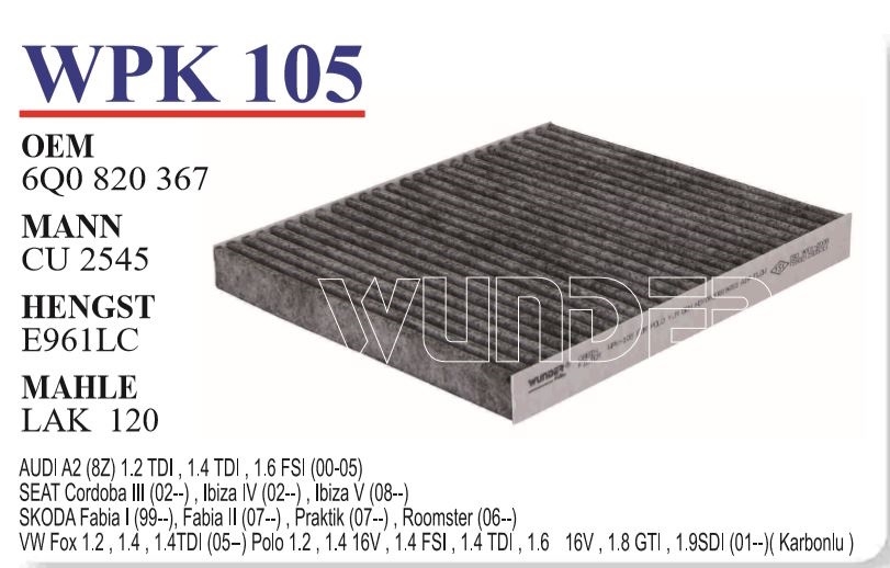 WPK 105 VOLKSWAGEN POLO Y.M  (KARBONLU) 6Q0 819 653 Polen Filtresi