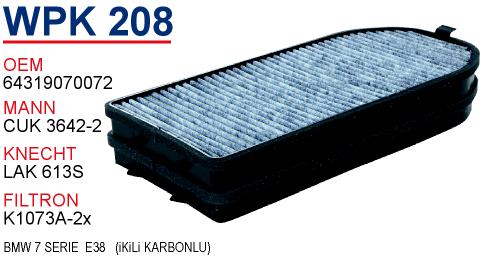 WPK 208 BMW 7 SERiE  E38   (iKiLi KARBONLU) 64319070072 Polen Filtresi