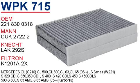 WPK 715 MERCEDES 221 KASA S320 - S350 CDİ  KARBONLU 2218300318 Polen Filtresi