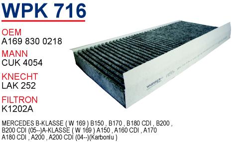 WPK 716 MERCEDES A KASA KARBONLU A1698300218 Polen Filtresi