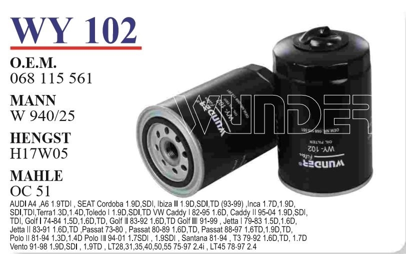 WY 102 VOLKSWAGEN CADDY D - PASSAT D 95-01 068 115 561 Yağ Filtresi