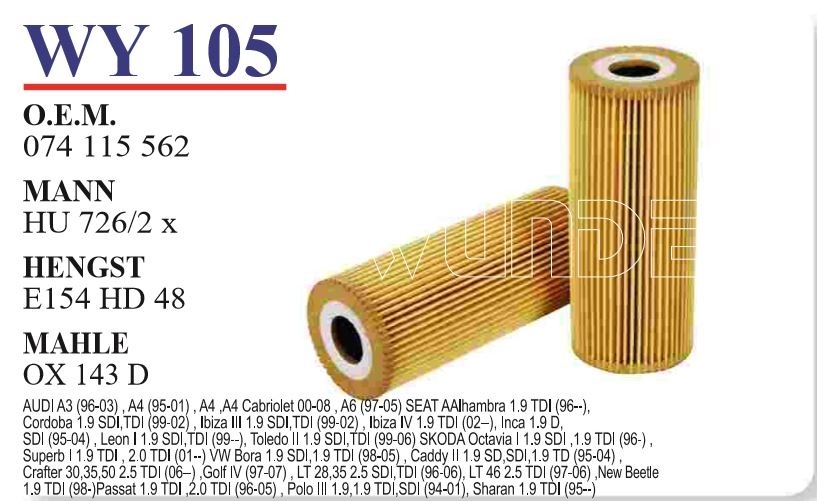 WY105 VOLKSWAGEN LT 35 GOLF IV TDİ  BORA TDİ 074 115 562 Yağ Filtresi