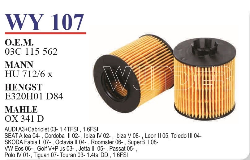 WY 107 VOLKSWAGEN GOLF V - JETTA - PASSAT 1.6 FSI BENZİNLİ 03C 115 562 Yağ Filtresi