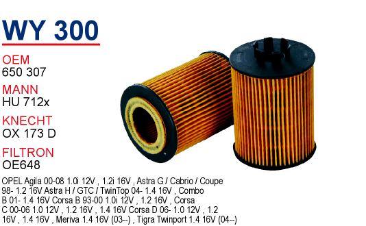 WY 300 OPEL CORSA C-D 1.2 - ASTRA G - H 1.2 - AGiLA 1.2 650 307 Yağ Filtresi