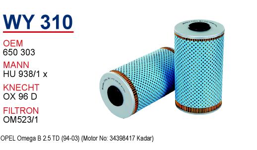 WY 310 OPEL OMEGA B 2.5 TD 650 303 Yağ Filtresi