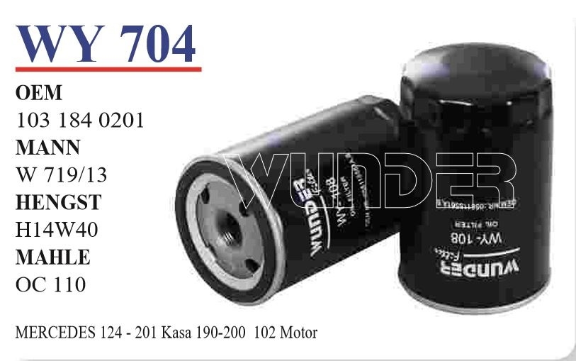 WY 704 MERCEDES 124 - 201 KASA 190 - 200                                      102 MOTOR 103 184 0201 Yağ Filtresi